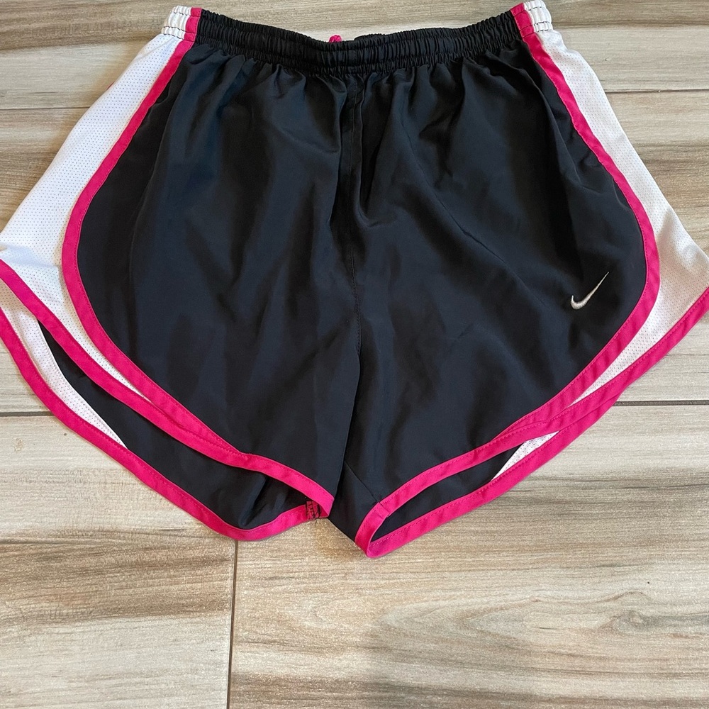 Nike Black and Pink Athletic Shorts with Curved Hem